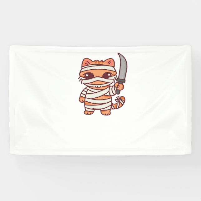 Lona Kawaii Halloween Mummy Cat con la espada Classic T (Horizontal)