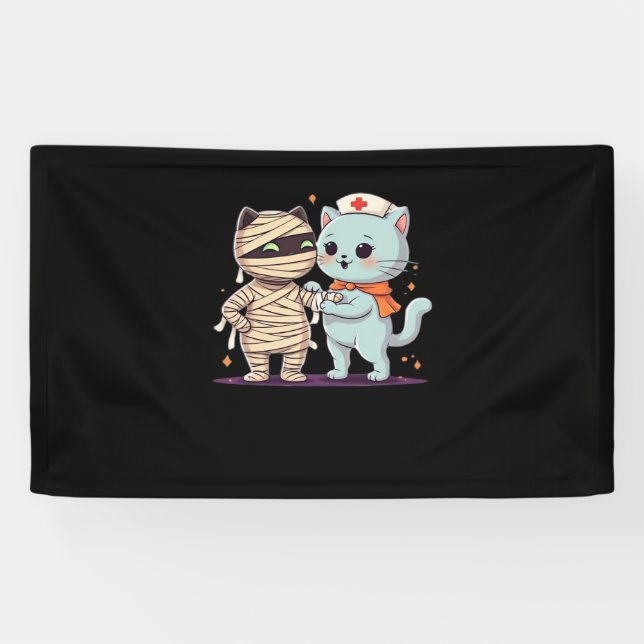 Lona Kawaii Halloween Pals Mummy & Nurse cat Sobrevalor (Horizontal)