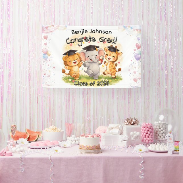 Lona Kid's Cute Safari Graduation Banner w/ Name (Fiesta)