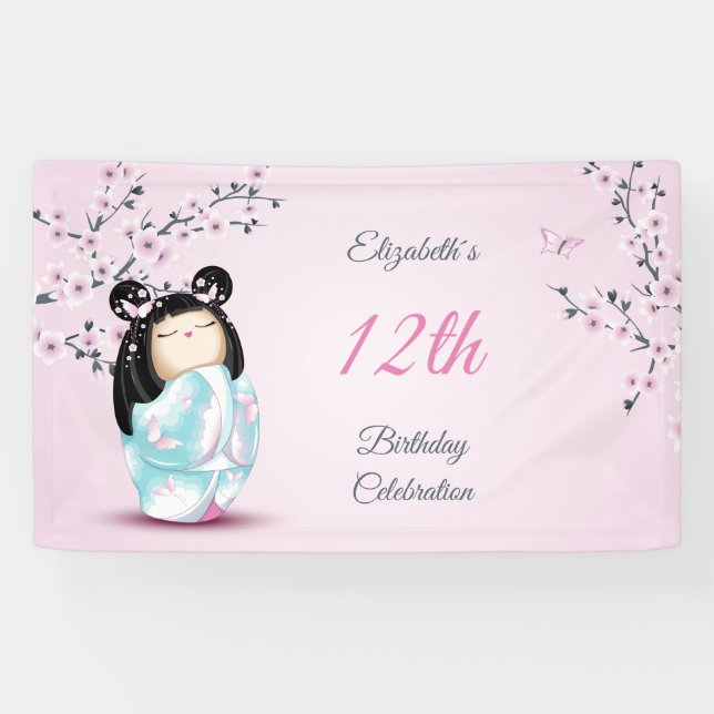 Lona Kokeshi Doll Cherry Blossom | Cumpleaños del Chica (Horizontal)