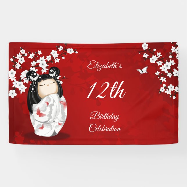 Lona Kokeshi Doll Cherry Blossom Red | Cumpleaños del C (Horizontal)