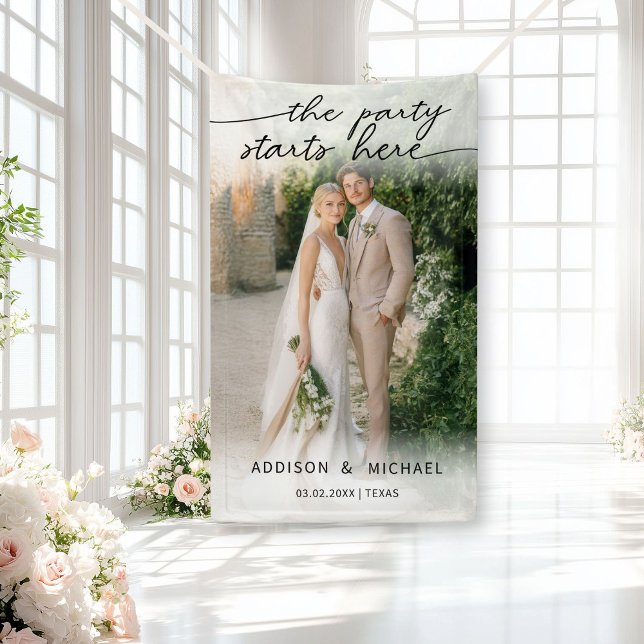 Lona ¡LA FIESTA COMIENZA AQUÍ! Banner de Boda con Foto (THE PARTY STARTS HERE! Photo Wedding Banner, with a soft white overlay. Edit with your photo, names )