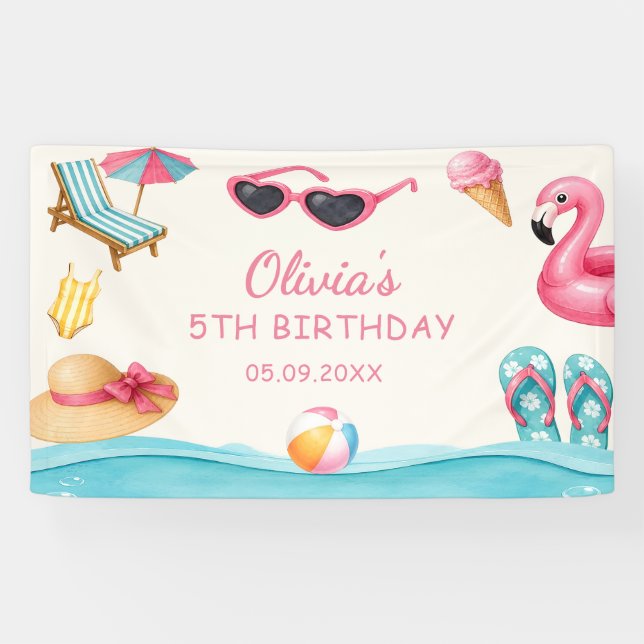 Lona La Fiesta de Cumpleaños en la Piscina de Verano (Horizontal)