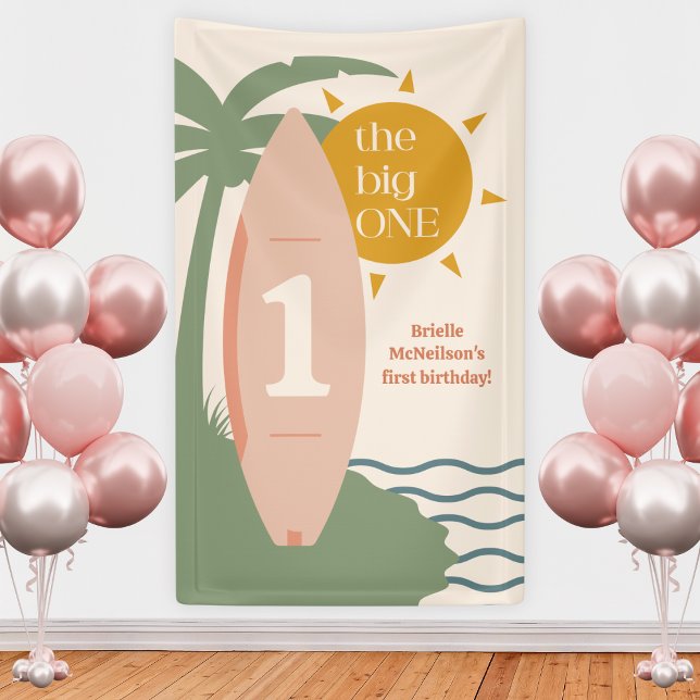 Lona "La gran UNO" Fiesta de cumpleaños de Surf Playa ("the big one" surfboard pink girls 1st birthday surfing first bday party backdrop sign party decor)