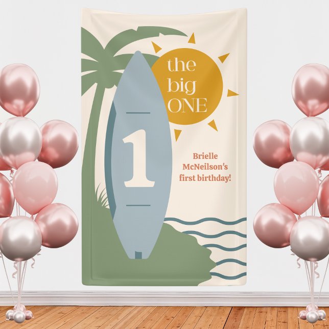 Lona "La gran UNO" Fiesta de cumpleaños en la playa de  ("the big one" blue surfboard party banner 1st birthday baby boy surfing ocean bday backdrop sign )
