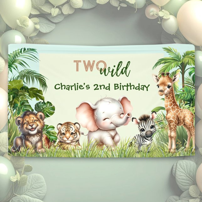 Lona La jungla de Safari aburre a los animales dos salv (Safari Jungle Cute Animals Two Wild 2nd Birthday Banner)