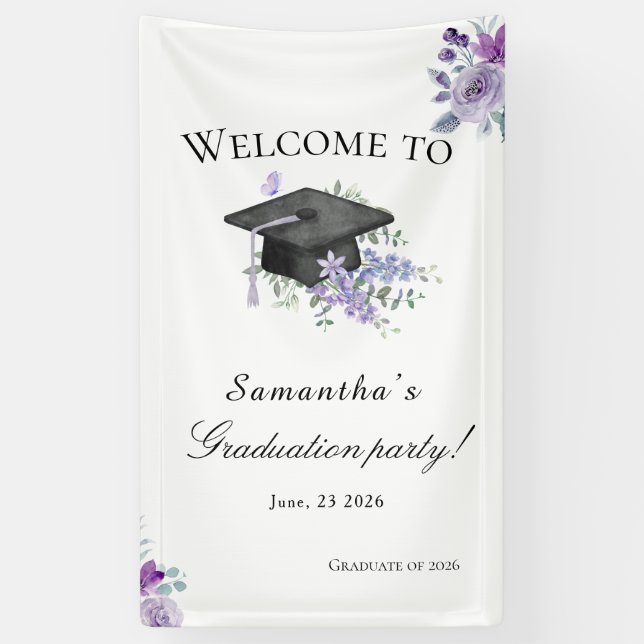 Lona  Lavander Purple Floral Graduation welcome banner (Vertical)
