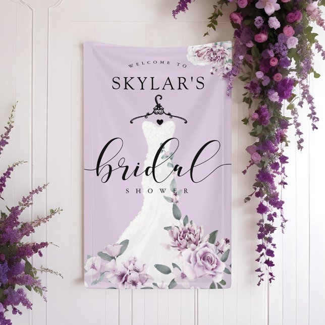 Lona Lavender Florals Vestido Boda blanco Ducha de novi (Lavender Florals White Wedding Dress Bridal Shower Banner)