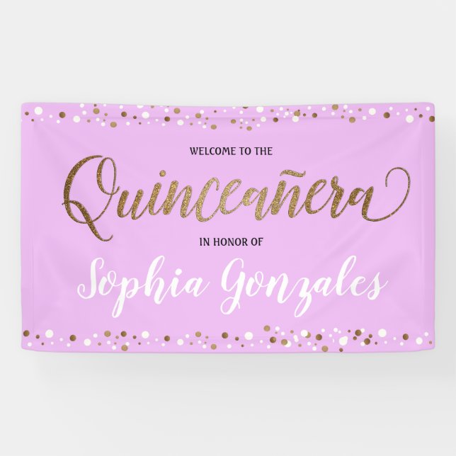 Lona Lavender morado Confeti de oro Quinceanera Cumplea (Horizontal)