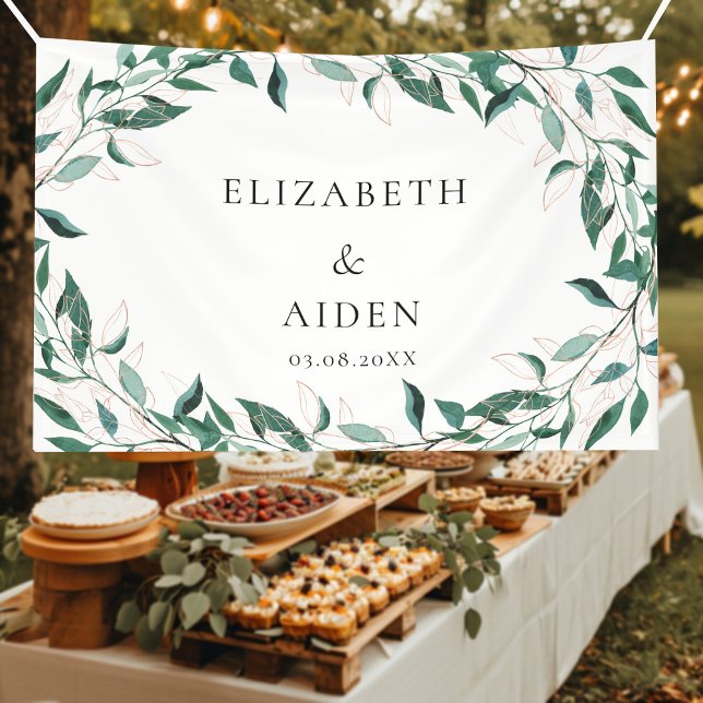 Lona Leafy  Wedding  Banner (Elegant, leafy greenery & rose-gold line art design, white, wedding banner with your name & date. )