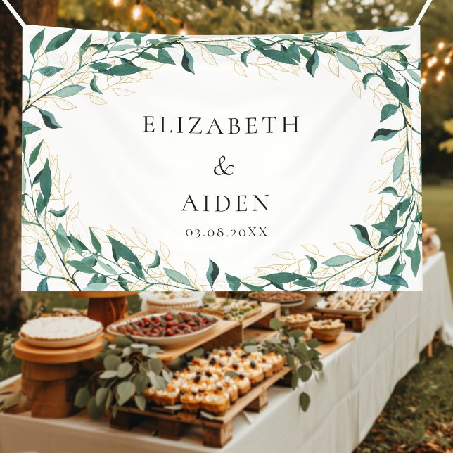 Lona Leafy Wedding  Banner (Elegant, leafy greenery & gold line art design, white, wedding banner with your name & date.)
