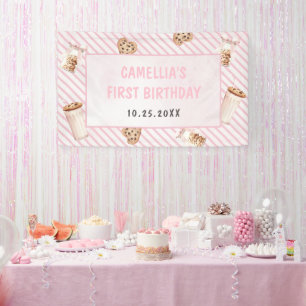 Lona Leche y galletas Pink First Birday Party