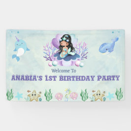 Lona Letrero de Bienvenida Cumpleaños Acuarela Sirena M