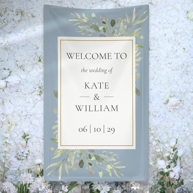 Lona Letrero de bienvenida de boda botánico verde azul  (Dusty Blue Greenery Botanical Wedding Welcome Sign)