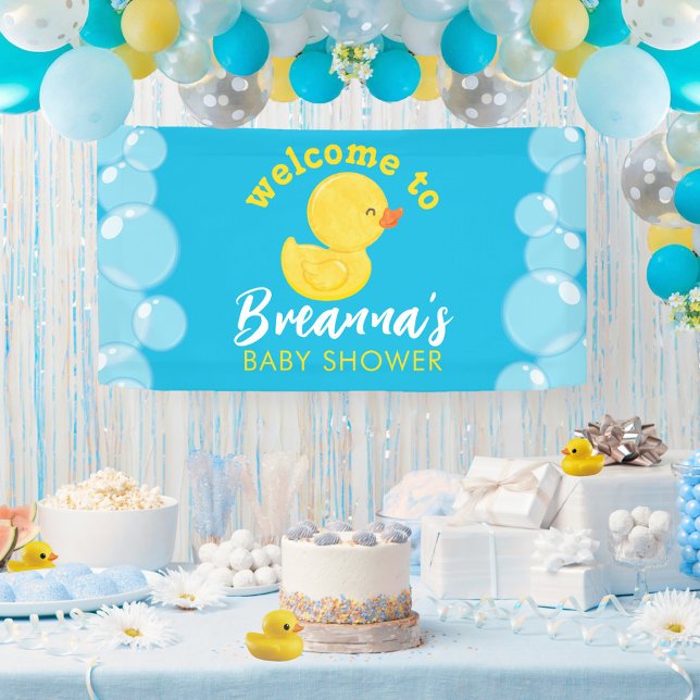 Lona Letrero de Bienvenida de Shower de Bebé de Pato de (Welcome to Names Baby Shower Watercolor Rubber Ducky Hanging Vinyl Baby Shower Party Banner in Blue)