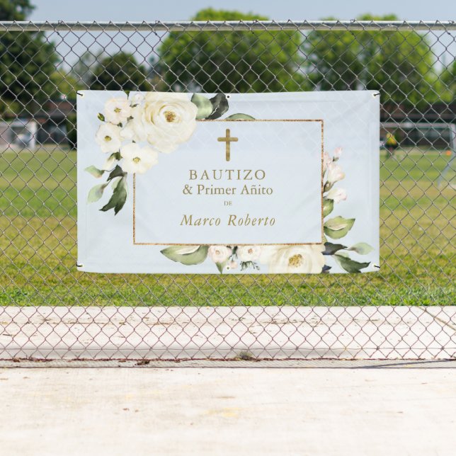 Lona Letrero de bienvenida en castellano blanco con flo (In situ)