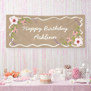 Lona Letrero de Cumpleaños, Floral de Color Kraft