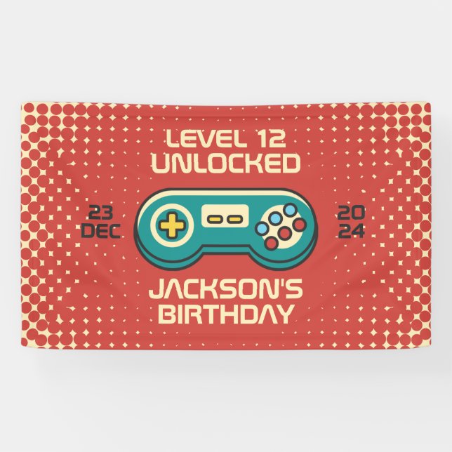 Lona Level Unlocked Retro Gamer Boy Fiesta de Cumpleaño (Horizontal)