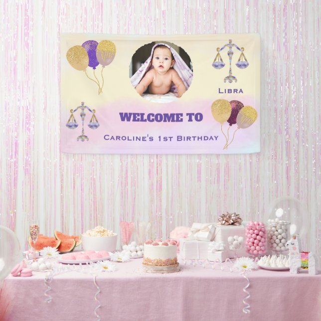 Lona Libra Acuarela 1er Cumpleaños | Globos & 1 Foto (Fiesta)