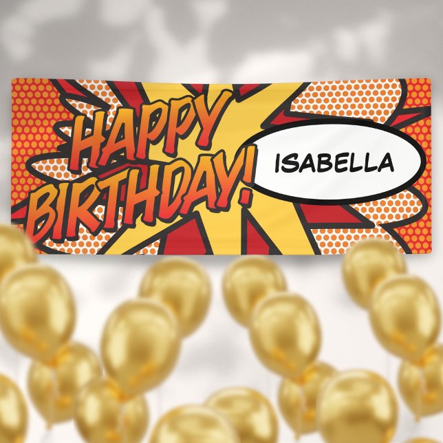 Lona Libro de Cómic de FELIZ CUMPLEAÑOS Personalizado (Personalized HAPPY BIRTHDAY Comic Book Banner)