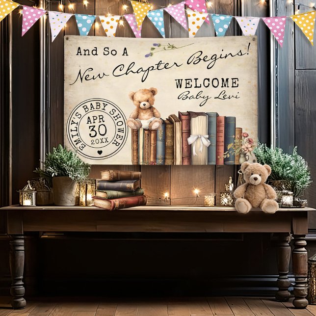Lona Libros de tarjetas de biblioteca de época Teddy Be (New Chapter 4x6' vintage library card watercolor books teddy bear gender neutral baby shower banner)
