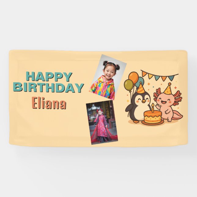 Lona lindo cumpleaños de Axolotl y el chica de pingüino (Horizontal)