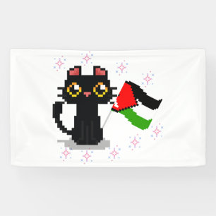 Lona lindo gato negro sostiene la bandera de Palestina