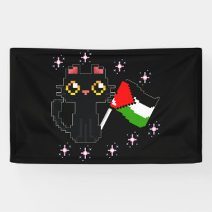 Lona lindo gato negro sostiene la bandera de Palestina