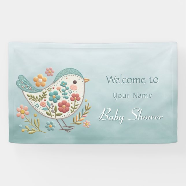Lona Little Bird Blue Pink Flowers Baby Shower (Horizontal)
