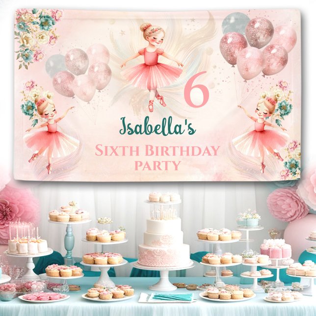 Lona Little Blond Ballerina Pink Verde azulada Floral C (Little Blond Ballerina Pink Teal Floral Birthday Banner)