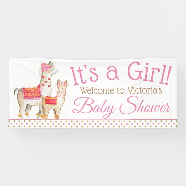 Lona Llama Mama Niña Llama Banner de Baby Shower (Horizontal)