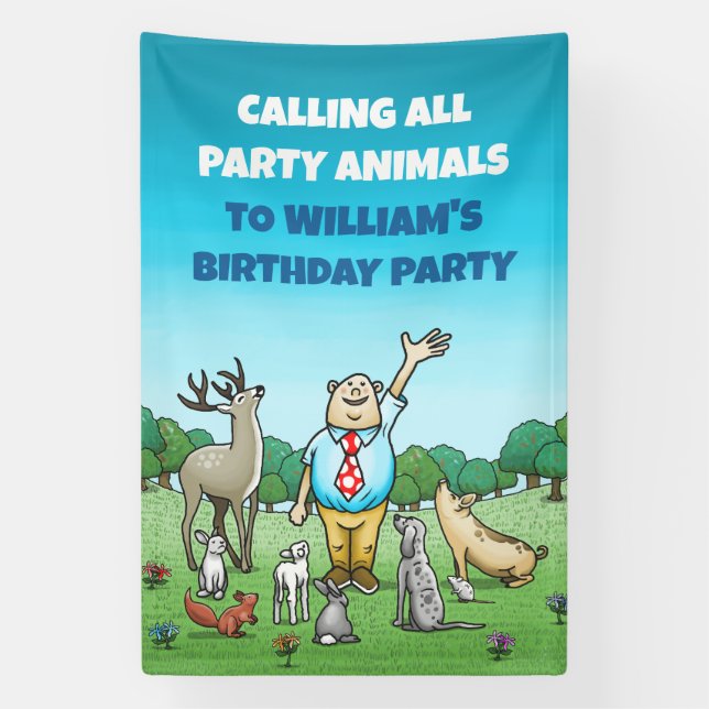 Lona Llamando a todos los animales Cumpleaños (Vertical)