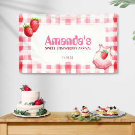 Lona Llegada de fresa dulce Gingham Baby Shower Rosa