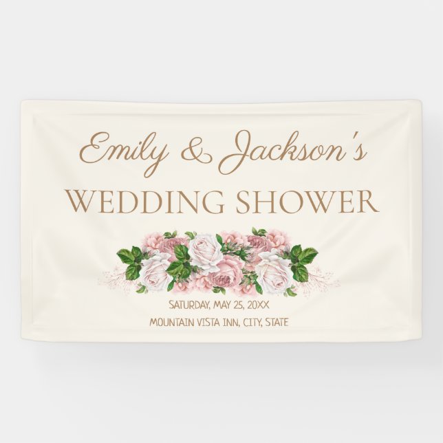 Lona Lluvia de boda de pareja floral vintage rosa sonro (Horizontal)