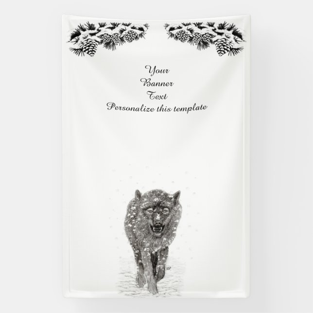 Lona Lobo negro enojado en la nieve, invierno salvaje (Vertical)