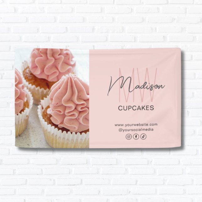Lona Logotipo de Monograma personalizado Foto Panadería (Custom Monogram Logo Photo Pink Bakery Business Banner)
