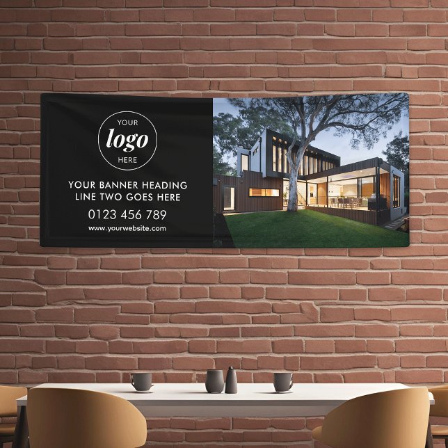 Lona Logotipo de negocios moderno Publicidad Foto Black (Minimalist logo and photo black banner for business *mockup background photos are Ai generated)