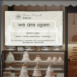 Lona Logotipo de panadería de pasteles, estamos abierto