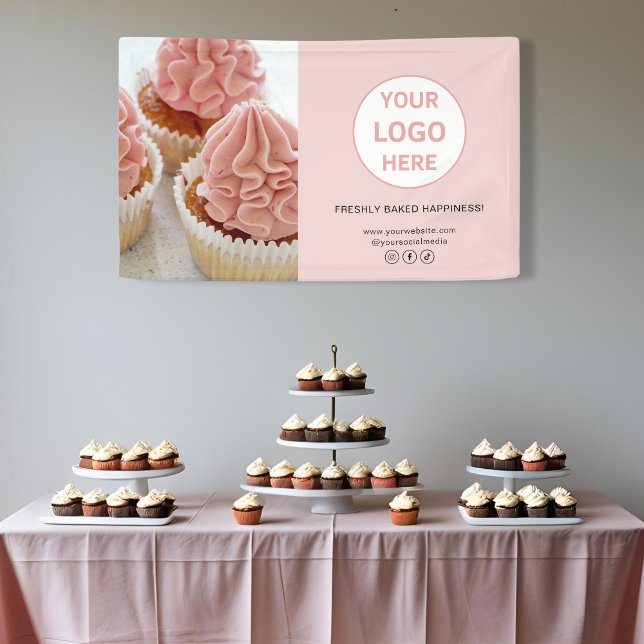 Lona Logotipo de personalizado Foto Panadería rosa (Custom Logo Photo Pink Bakery Business Banner)