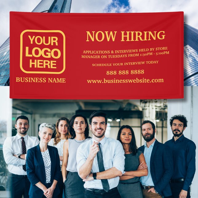 Lona Logotipo moderno rojo y oro ahora contratación (Subido por el creador)