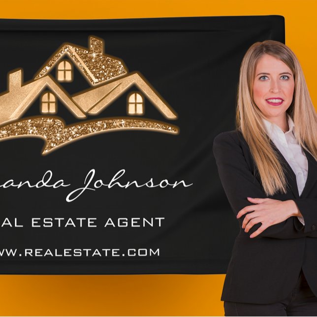 Lona Logotipo personalizado Casa Agente Inmobiliario Go (Custom Logo House Real Estate Agent Gold Black Squ Banner)