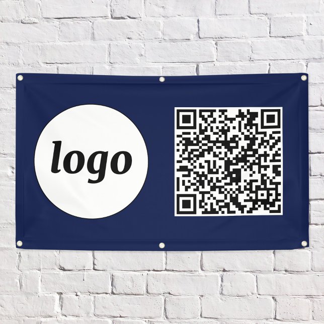Lona Logotipo simple y comercio de texto Código QR Azul (Simple logo with QR code navy blue business promotional banner)