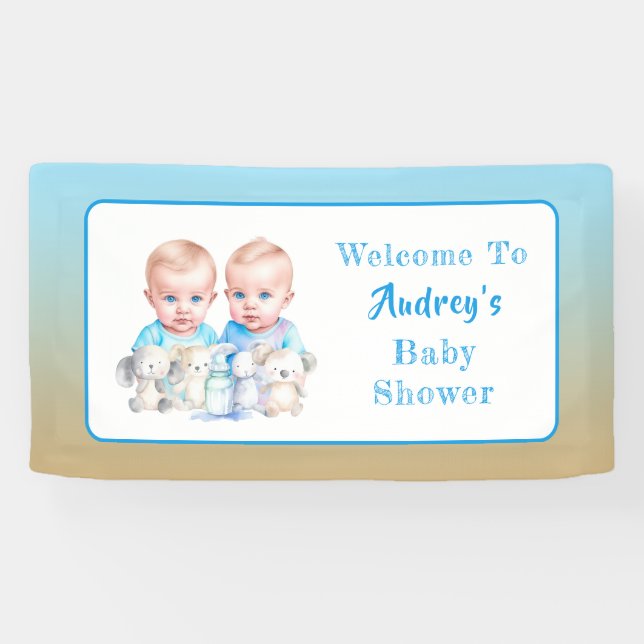Lona Los animales acuarela de Baby Shower de Twin Boy (Horizontal)