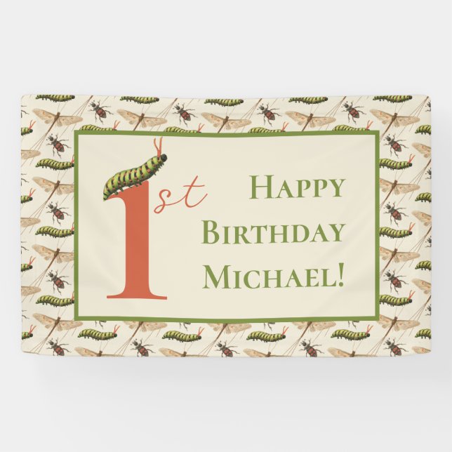 Lona Love Bug Insect Custom Name 1º cumpleaños (Horizontal)