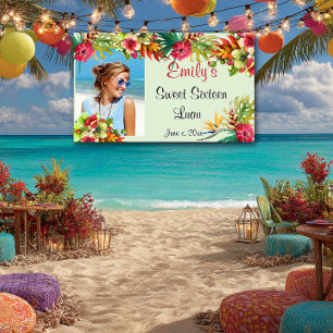 Lona Luau de Dulces Dieciséis, Hibisco Rojo, Personaliz