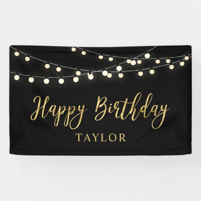 Lona Luces de cadena | Banner de Fiesta Gold Happy Birt (Horizontal)