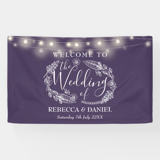 Lona Luces de Cadena Floral Morado Script Boda (Horizontal)