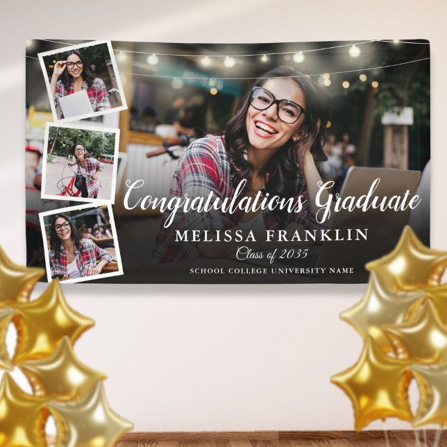 Lona Luces de Collar de Colage de Fotos Fiesta de Gradu (Photo Collage String Lights Graduation Party Banner)