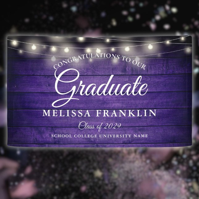 Lona Luces de Cuerda de Madera Morada Fiesta de Graduac (Purple Wood String Lights Graduation Party Banner)