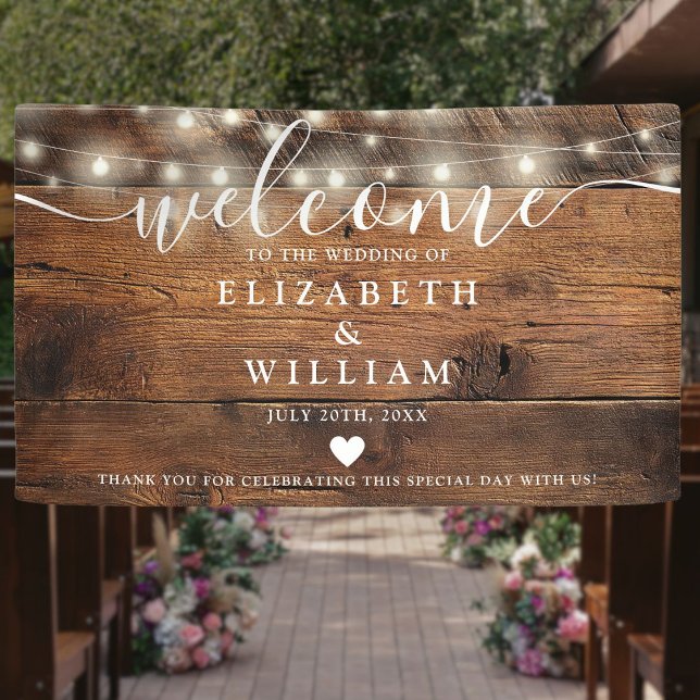 Lona Luces de Cuerda de Madera Rústica Bienvenida de Bo (Rustic Wood String Lights Wedding Welcome Banner)